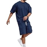 Set da uomo 2 pezzi: maglietta a maniche corte e pantaloncini cargo con coulisse – Tuta sportiva con tasche, blu navy, S
