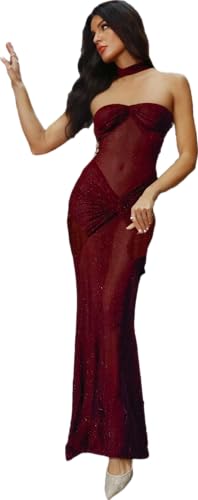 Image of LOUSEA Women's Bodycon mesh Sheer drerss Strapless Maxi Dress with Neckerchief Twisted sweetneck Cocktail Dress Party Dress