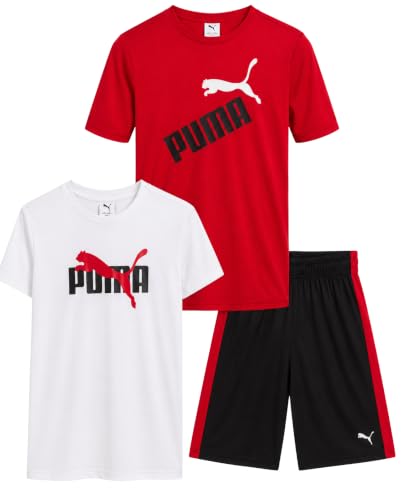 Image of PUMA Boys Active Shorts Set - 3 Piece Performance T-Shirt, Dry Fit Tank Top, and Gym Shorts - Activewear Set for Boys (4-16)