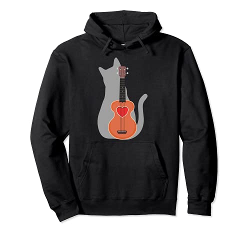 Cat Heart Musician Hawaiian Uke Guitar Acoustic Hawaii Pullover Hoodie, Black