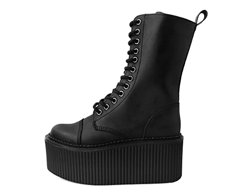 T.U.K. Black Faux Leather Casbah Stratocreeper Boots for Men & Women, 12 Eye Lace Up Platform Boot4