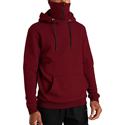 Maiyifu-GJ Men's Solid Color Sport Fleece Hoodie Casual Long Sleeve Fishing Sweatshirt Fall Winter Hooded Pullover with Mask (Red,XX-Large)