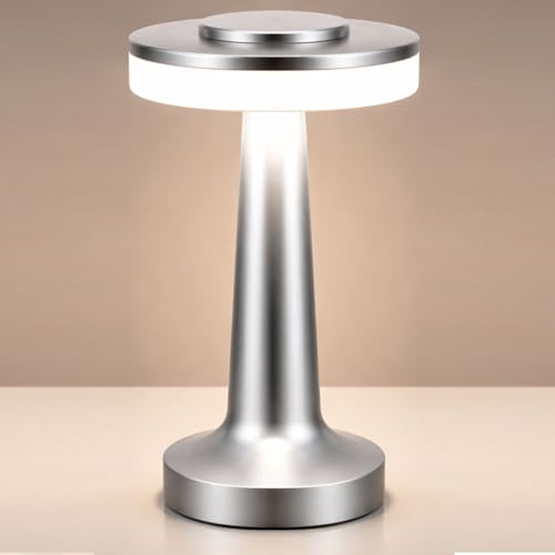 Image of Riakrum 1 Pcs LED Cordless Table Lamp Bulk Rechargeable,Silver | Portable Wireless Lamps, 3 Color Stepless Dimming, 15 Hour Battery, Touch Control, Wedding Home Restaurant Decor