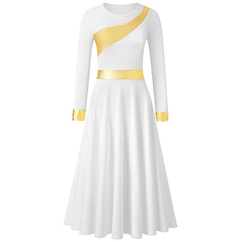 MOLLDAN Long Sleeve Praise Dance Dress for Women Metallic Liturgical Church Worship Fit Full Length,Breathable Lined White Small