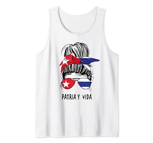 Patria-y-Vida Cuba Flag Shirt, Women Messy Hair Cuba Free Camiseta sin Mangas