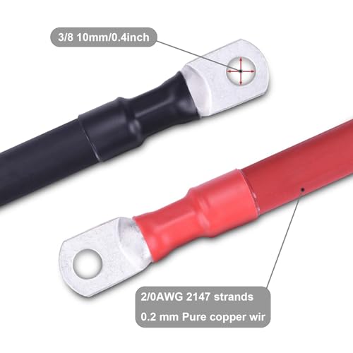 Image of 2 /0 AWG Flexible Battery Cable with 3 /8 inch Terminals - OFC Pure Copper Inverter & Welding Wire for Automotive Solar RV Motorcycle (Red + Black 2FT Pair)