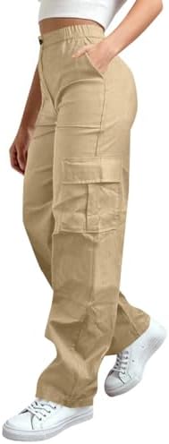 FPMLUXLL Cargo Pants Women High Waist Baggy Stretch Wide Leg Pants Hiking Climbing Outdoor Athletic Sweatpants with Pockets Khaki
