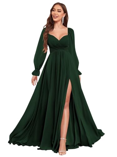 VCCICANY Long Sleeve Bridesmaid Dresses for Women Chiffon Pleated Formal Evening Gowns with Slit