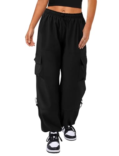 COPYLEAF Cargo Pants Women High Waisted Parachute Pants with Pockets Quick Dry Lightweight Baggy Pants(Black M)
