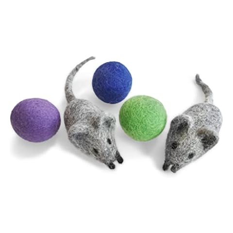 Earthtone Solutions Felt Wool Ball and Mouse Toys for Cats and Kittens, Adorable Colorful Soft Quiet Fabric Balls, Without Catnip, Handmade - for Cat Lovers, 2 Felt Mice 3 Felt Balls Cover