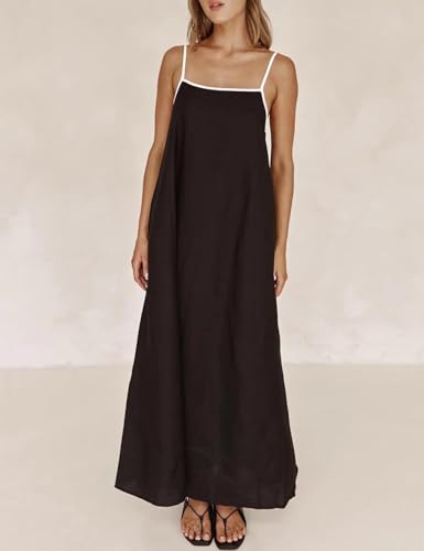 Image of Womens Summer Linen Maxi Dress Contrast Trim Spaghetti Straps Backless Sleeveless Long Flowy Dresses