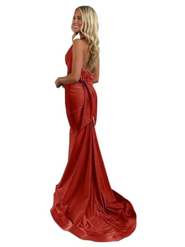 Bow Halter Prom Dress Mermaid Satin Long for Women V Neck Bridesmaid Backless Evening Gowns