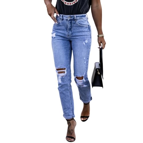 Cropped Jeans for Women Ripped Slim Fit High Rise Capri Jeans Wash Distressed Roll Hem Straight Leg Jean Pockets