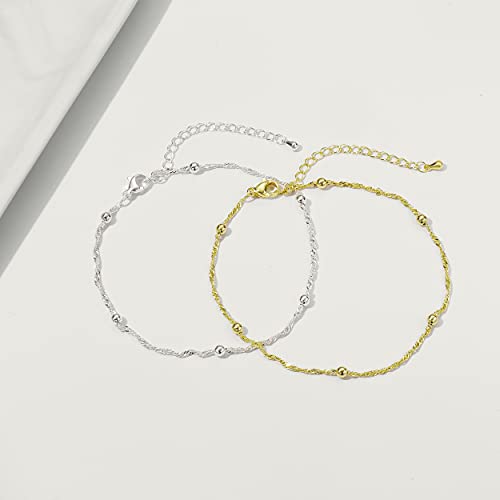 Tasiso Silver Plated Satellite Chain Anklet For Women Beaded Twisted Chain Anklet Minimalist Everyday Ankle Bracelet 8.3" #TOP4