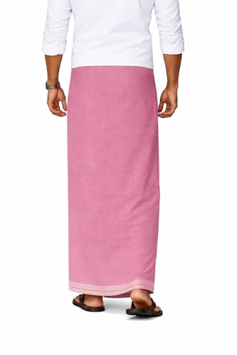 Image of Pure Cotton Dhoti for Men (1.28 x 1.87 m) | Solid Panchalu with Varied Small Color Border | Kerala Cotton Veshti, Khadi Dhoti | Lightweight Pooja & Temple Wear