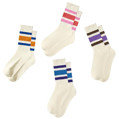 Image of Vintage Striped Crew Socks Slouchy Calf Tube Socks for Women and Men | Retro Athletic Mid-Calf Socks, Stretchy Knit Casual Comfort for Running Golf Tennis Volleyball & Daily Wear