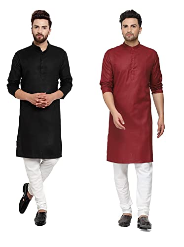 Image of weltpocket Men's Cotton Blend Straight Kurtas (Combo Pack of 2)