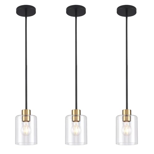Modern 3 Pack Black Gold Pendant Lights for Kitchen Island Brushed Brass Modern Hanging Light with Clear Glass Shade Adjustable Metal Rod Pendant Lighting for Dining Room Living Room Bar Entryway