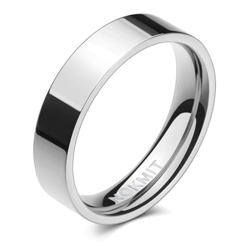 NOKMIT 5mm Wedding Band Rings for Women Dainty 14K White Gold Couple Anniversary Engagement Thumb Ring High Polished Plain Flat Cigar Band Tarnish Resistant Comfort Fit Size 4 to 11 (10)