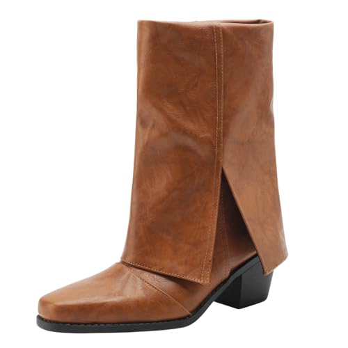 baobeijiadao Womens Square Toe Mid Calf Boots Chunky Heel Fold Over Boots Pull On Non Slip Fashion Boots for Women