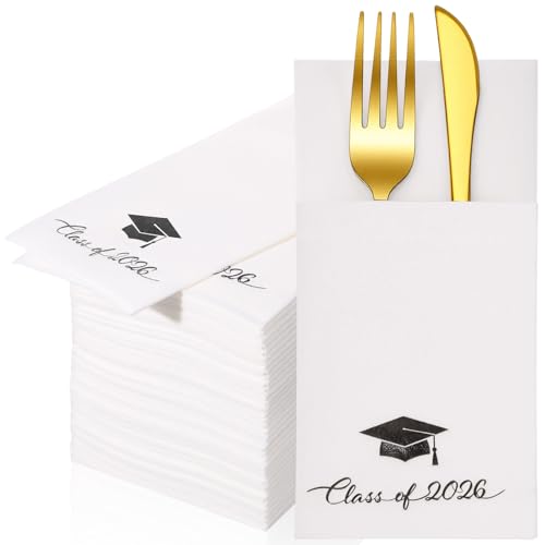 Ctosree 50 Pack Class of 2026 Graduation Disposable Napkins with Built in Flatware Pocket Black Foil Linen Prefolded Paper Napkins Dinner Hand Towel for Silverware Congrats Grad Party Table Supplies
