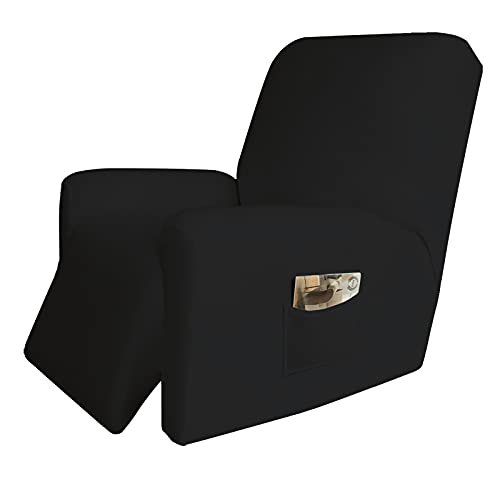 Image of Easy-Going 4 Pieces Stretch Recliner Chair Slipcover | Spandex Soft Fitted Sofa Couch Cover, Washable Furniture Protector with Bottom for Kids, Pet Black