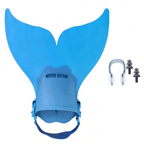 Adjustable Monofin for Boys and Girls - Lightweight Mermaid-Style Swim Fin with Comfortable Foot Pocket for Swimming, Diving & Training | Includes Waterproof Earplugs & Nose Clip (Blue)