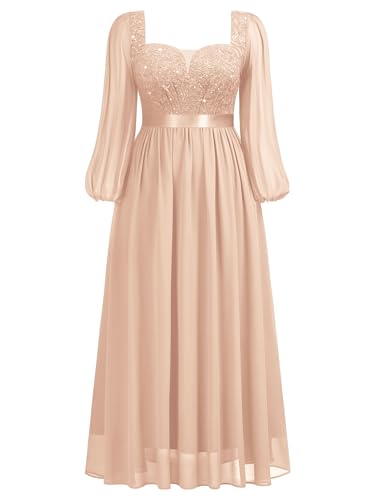 Image of MISSMAY Women's Plus Size Sequin Lace Square V Neck Sheer Long Sleeves Formal Evening Chiffon Long Dress