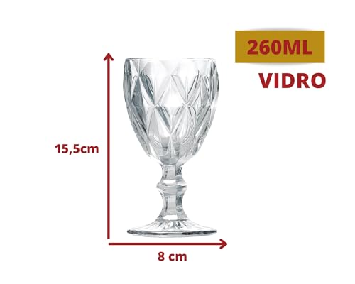 Conjunto de 6 Taças Água Vinho Suco Vidro Diamond Transparente Detalhes em Alto Relevo Capacidade de