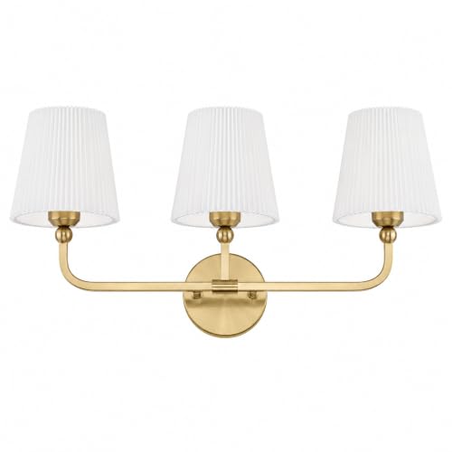 Image of 3-Light Brushed Gold Bathroom Vanity Light, Pleated Fabric Shade