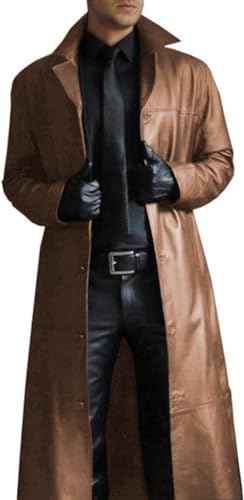 Casaco masculino de couro longo, preto, clássico, de couro sintético, longo, retrô, preto, sobretudo