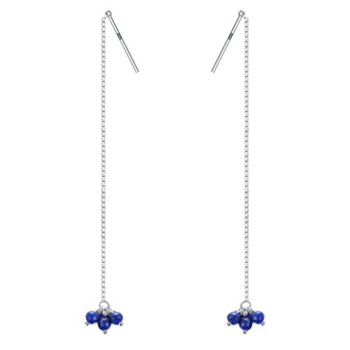 EleQueen 925 Sterling Silver Long Box Chain Lapis Lazuli Cluster Round Bead Threader