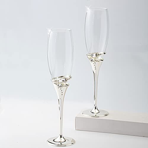 Varlka Champagne Flutes Set Of 2, Toasting Champagne Glasses Metal Base With Double Ring For Bride And Groom, Wedding Anniversary Birthday Party And Engagement Gifts #TOP6