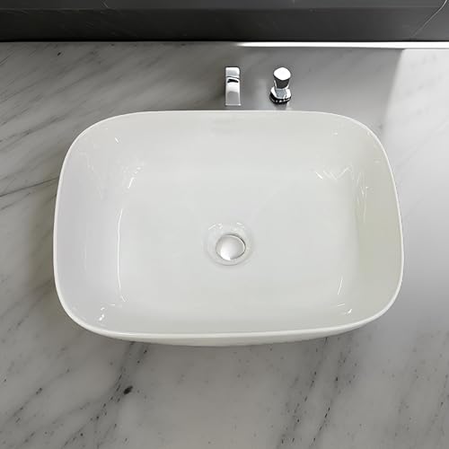 Image of SEA SHORE White Imported Ceramic Table Top Wash Basin - Slim Rim Vessel Sink for Bathroom & Living Room | 18 x 13 x 6 Inch (Bettel White)