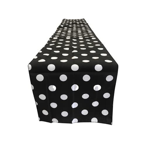New Creations Fabric & Foam Inc 12" Wide by 120" Long Poly Cotton Polka Dot Table Runner, White Dot on Black Cotton Fabric
