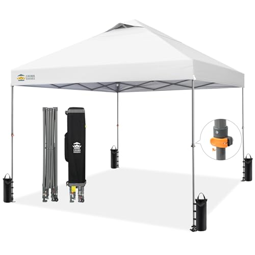 Image of CROWN SHADES Adjustable Height on The Fly, 10x10 Pop Up Canopy - Beach Tent with One Push Setup - Easy Outdoor Sun Shade for Events, Parties, Camping - Outside Shade with STO-N-Go Bag, White