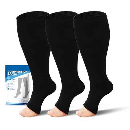 AMITOFO Plus Size Toeless Compression Socks 20-30mmHg Wide Calf for Men Women Open Toe Stockings for Circulation Edema Varicose Veins Nursing Travel Running(3 Pairs)