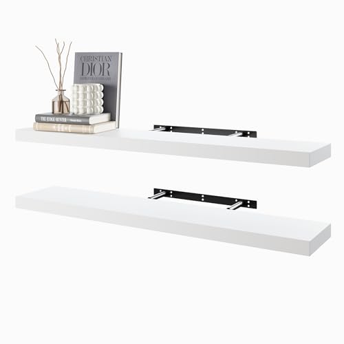 BAMEOS - Estantes suspendidas blancas, 100 cm x 19,5 cm, estantes de madera para pared con clips invisibles, juego de dos piezas, decoración para pared para dormitorio, baño, sala de estar y cocina