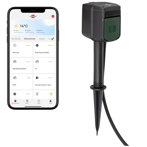 Brennenstuhl Connect WiFi Garten-Steckdose CS/Außensteckdose 2-Fach mit Erdspieß und Montageplatte (2.4 GHz kompatibel mit Alexa und Google Assistant, Zeitschaltuhr mit Tages- und Wochenprogramm,3m)