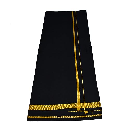 Kolakeer™ Men's Cotton Color Dhoti Set - 1.9 Mtrs Dhoti with 1.2 Mtrs Angavastram - Pentex Mundu Angavastram Set (Black)3