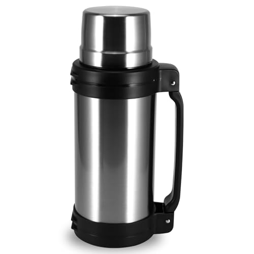Large Flask for Hot Drink, 2 L Vacuum Insulated Bottle with Cup, Stainless Steel Travel Flask for Outdoor Sports Hiking Long-Distance Cargo Truck Driver, Leak-Proof, BPA-Free (Stainless Steel)
