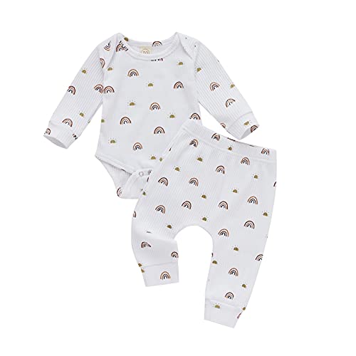Image of Newborn Baby Boy Girl Ribbed Rainbow Clothes Knit Long Sleeve Romper Pants Unisex Infant Fall Winter Outfits ( Rainbow Sunshine Knit White Set, 0-3 Months )
