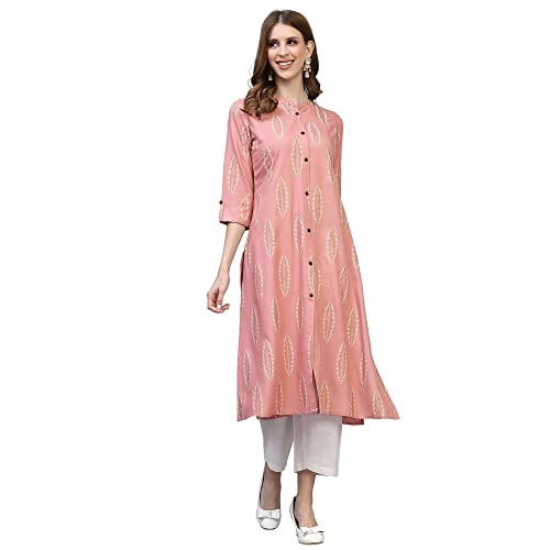 Image of Stylum Women's Turquoise Block Printed Rayon A-Line Kurta | Office Kurtas for Women (Available in Plus Sizes)