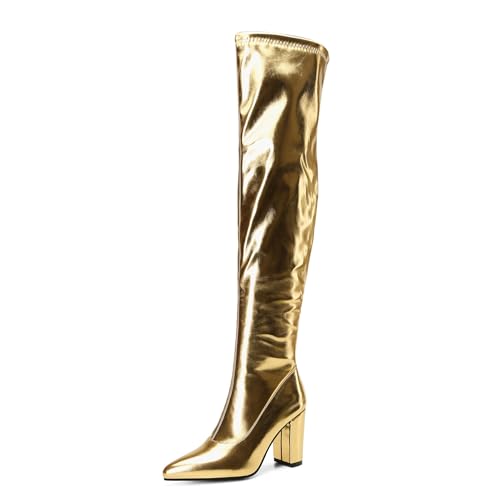 Bellirala Thigh High Boots for Women Metallic Chunky Heels Over The Knee Boots Block Heeled Concert Disco Long Tall Boots