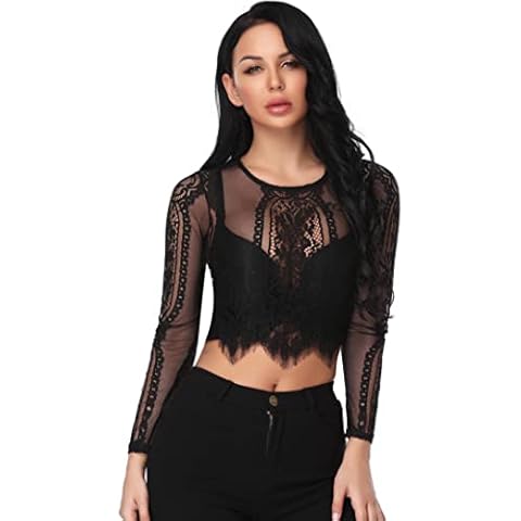 Wayleb Camisa Encaje Mujer Blusa Sexy Manga Larga Floral Cremallera Trasera Regalo Día de San Valentín Blusas Elegantes Camiseta Clubwear Cover