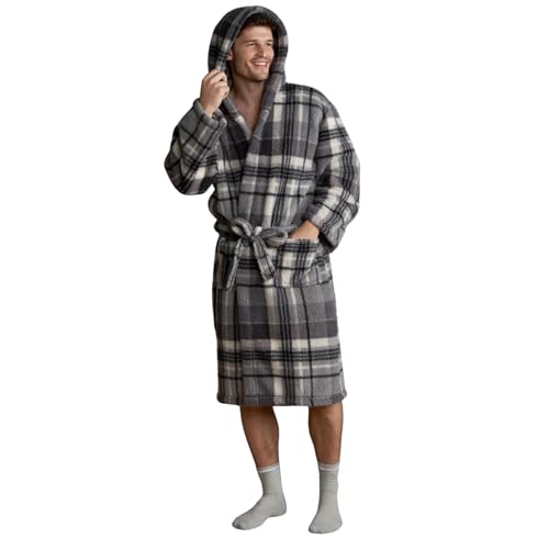 OHS Mens Dressing Gowns Teddy Fleece, Gifts for Men Super Soft Warm Tartan Check Bathrobe with Hood & Pockets Luxury Oversized Fluffy Dressing Gown Men, Charcoal Grey One Size