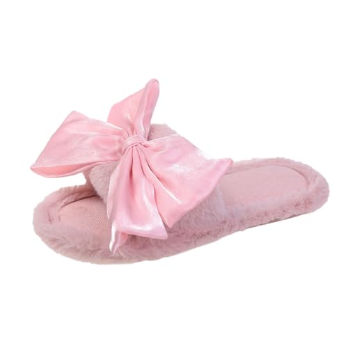 Women Bow Plush Fuzzy Slippers Open Toe Warm Bride Wedding Home Bedroom Slippers Winter Slip-On House Shoes for Indoor Outdoor Comfortable Non-Slip Bowknot Fashion Flat Cotton Slipper