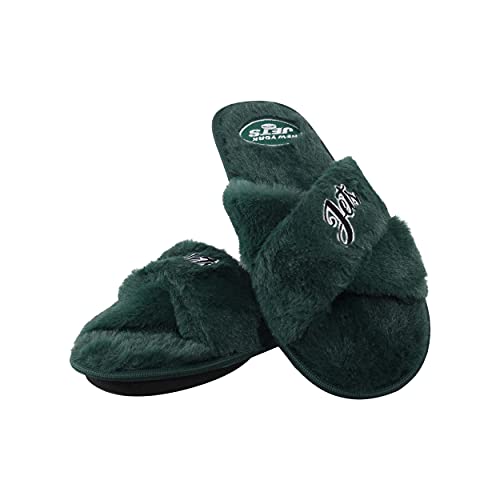 Image of FOCO Womens NFL Team Script Wordmark Fuzzy Cross Slide Slippers
