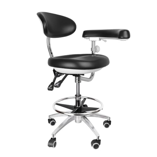 Healthible Dental Assistant Chairs, 360 Degree Rotation Armrest Black PU Leather Assistant Stool Chair Height...