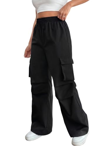 Image of GRECIILOOKS High Waist Cotton Trousers for Women - Flared Parachute Pants with Side Pockets | Casual Travel Cargo Pants